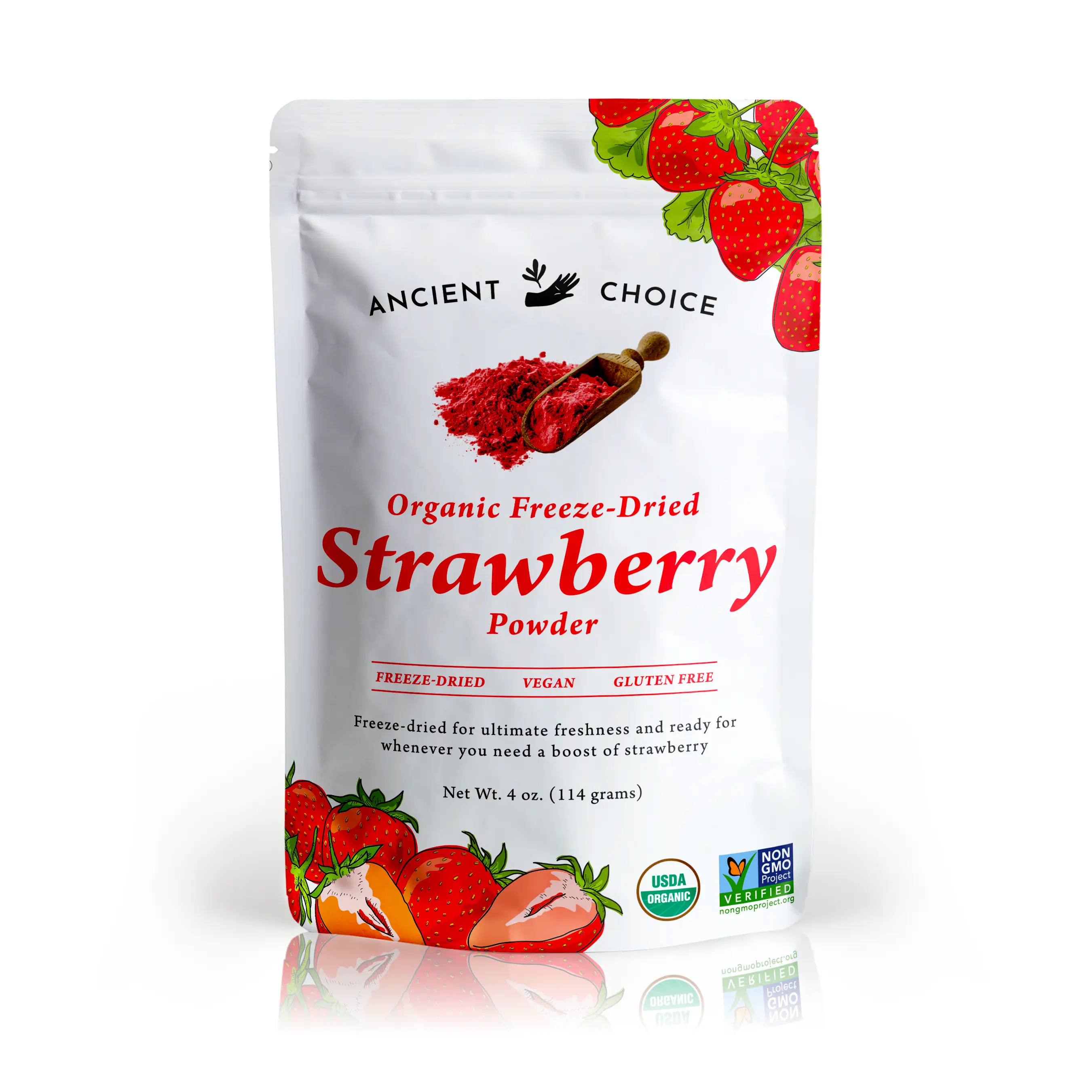 Ancient Choice - Strawberry Powder, 4 oz. | USDA Organic, Freeze-Dried, Vegan, Gluten-Free, Non-GMO | No preservatives, No added sugar | Natural Food Coloring