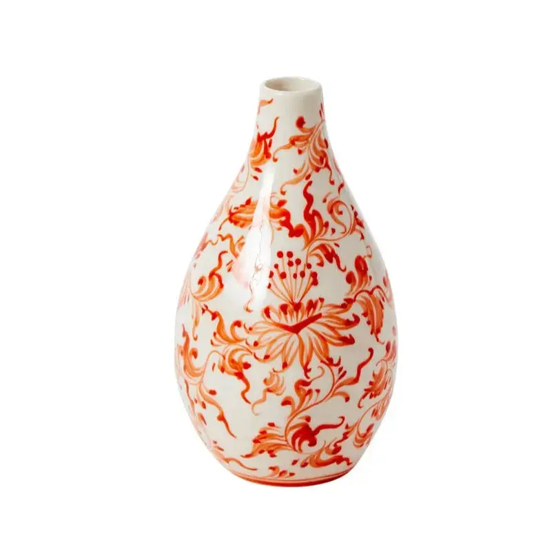 Eleanor Decorative Ceramic Budvase - Modern 7 in Flower Vase with Tapered Neck, .75" Diameter Opening, Coral Orange & White Hand-Painted Chinoiserie for Vintage Floral Home Decor, Flower Vases