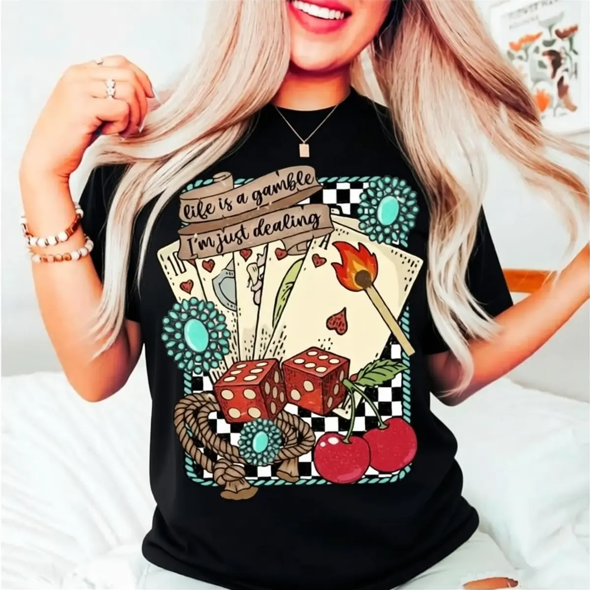 [Winter Outfits]Life is a Gamble Shirt, Retro Turquoise Western, Country , Wild West Gifts, Retro Cowboy Graphic Cotton