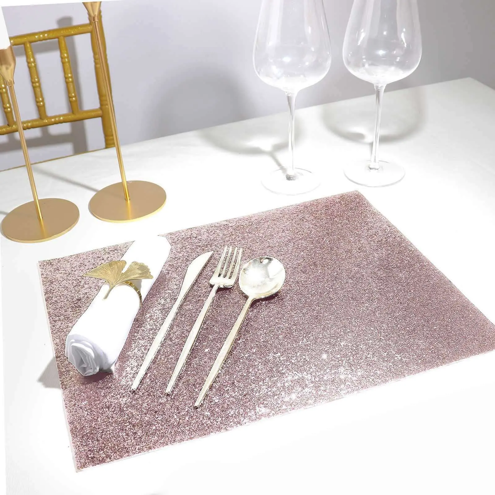 6-Pack Rose Gold Glitter Finish Rectangle Placemats, Non-Slip Stain Guard Dining & Coffee Table Mats, 12"x18" Decorative Table Protectors for Dining Events, Quantity Per Pack": "Six-Pack