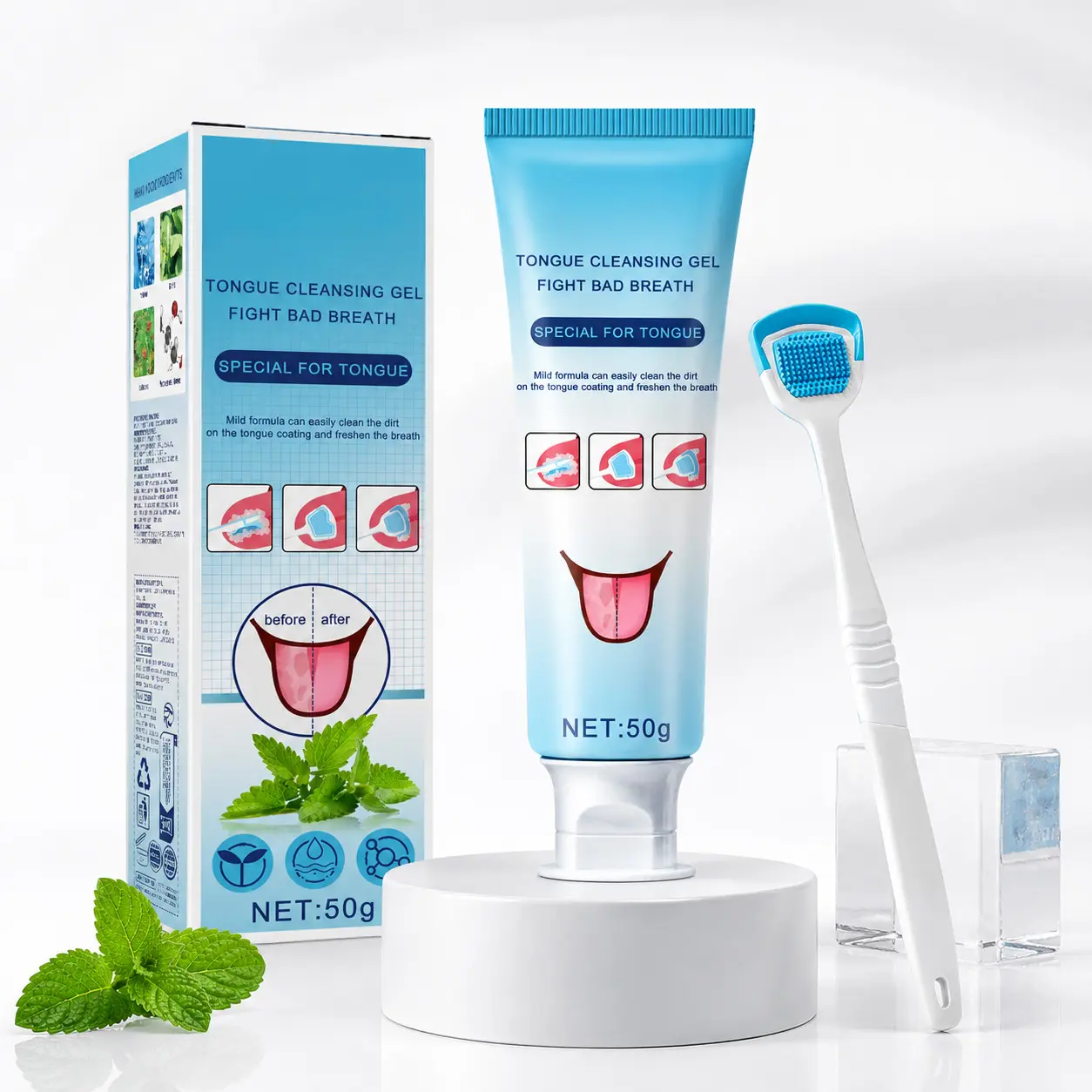 Oral Care Tongue Cleaner Kit with 50g Peppermint Gel & Brush - Daily Deep Cleansing, Bad Breath Control, Pure Water-Based Instant Long-Lasting Freshness, Tongue Scraper