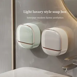 Luxury Soap Holder with Drain Tray, Waterproof Soap Dish Holder, Keep Soap Bars Dry, Adhesive Soap Case Box Wall Mounted for Shower, Bathroom, Bathtub, White