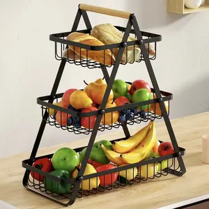 3-Layer Metal Wire Fruit Basket Stand with Wood Handle, Compact Space-Saving Rectangle Home Organizer for Fruits, Vegetables, Decorative Kitchen Counter Storage Rack