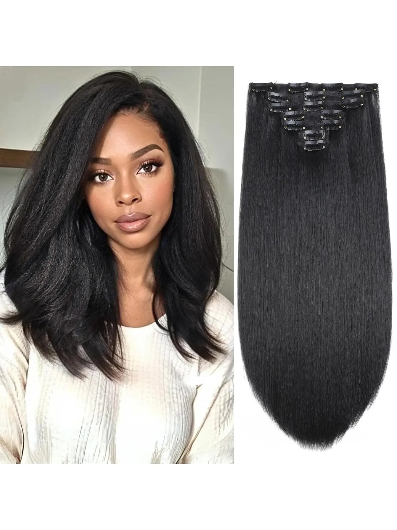 Kinky Straight Texture Clip in Hair Extensions for Black Women Full Head Yaki Straight Seamless Clip in Synthetic Hair Synthetic Soft Hairpieces Synthetic Fiber Hairpieces