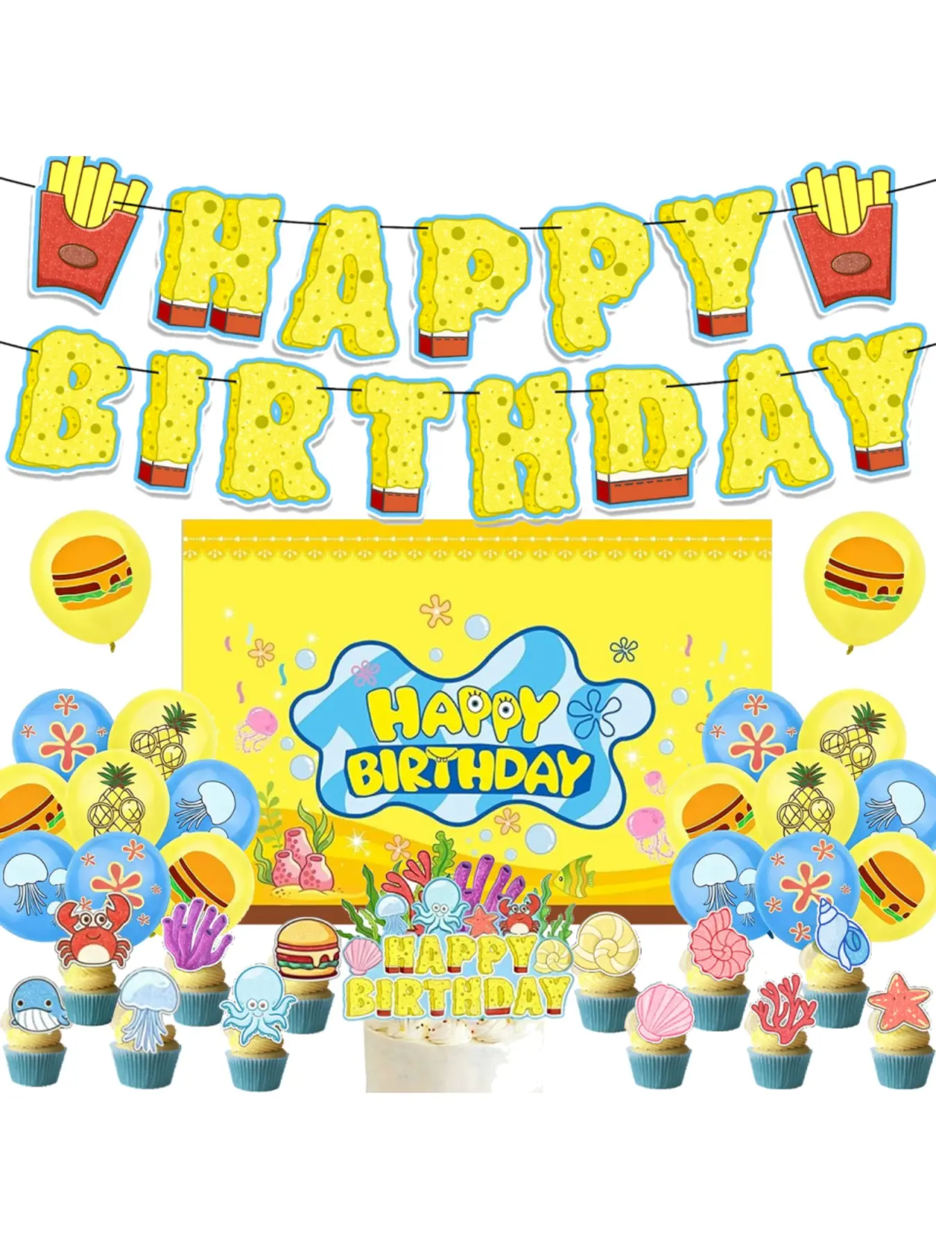 Baby Theme Birthday Party Decoration Set, Includes Backdrop, Banners, Balloons, Cake Flags, Cartoon Style, All Seasons