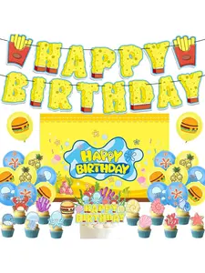 Birthday Scene Setup Spongebob Theme Party Decoration Set, Includes Background Cloth, Pull Flag, Balloons, Cake Topper, Kids Favorite