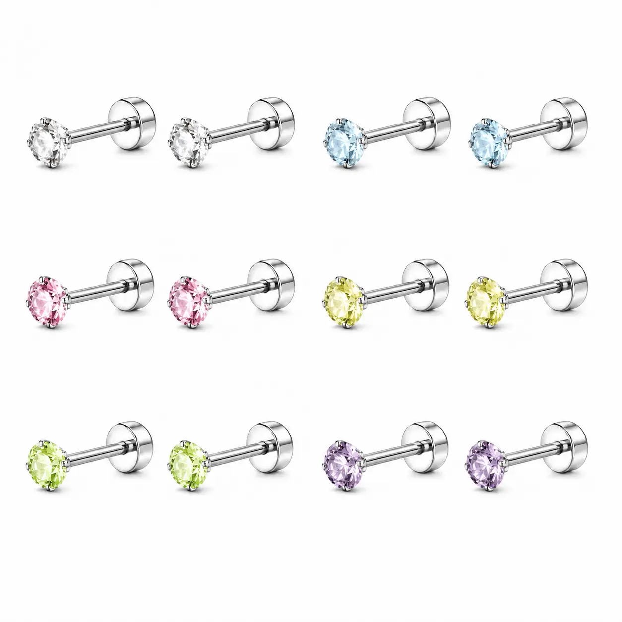 6/12pcs Hypoallergenic Surgical Steel Flat Back Stud Earrings for Women,Flatback Stud Earrings for Sensitive Ears Women,Dainty Colorful CZ Opal Screw Back Earrings#tiktokshopbacktoschool
