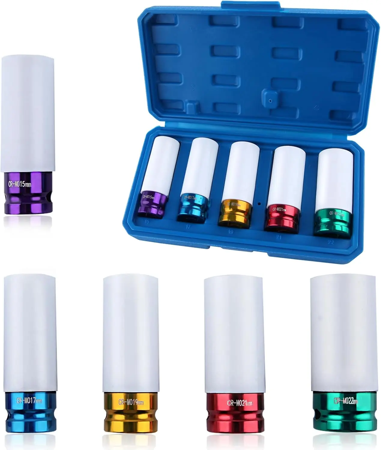 1/2in Impact Drive Lug Nut Socket 5pcs Set – Non-Marring Impact Lug Nut Socket with Protective Sleeves, Thin-Walled Wheel Rim Protectors Tool 15mm 17mm 19mm 21mm 22 mm