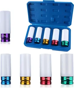 1/2in Impact Drive Lug Nut Socket 5pcs Set – Non-Marring Impact Lug Nut Socket with Protective Sleeves, Thin-Walled Wheel Rim Protectors Tool 15mm 17mm 19mm 21mm 22 mm