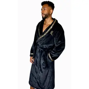 Black Royalty Robe with Gold Greek Key Trim- soft plush fleece mens bathrobe with pockets - mens casual wear housecoat