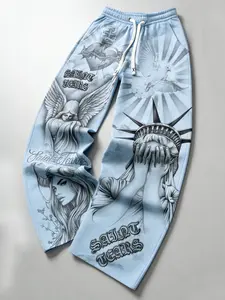 Liberty Statue Jesus Casual Wide-Leg Style Pants, Unisex Light Blue Spring/Autumn Print Fashion Trousers, Christian Leisure Sweatpants, Angel Sacred Heart Saint Sports Trousers, Mother Mary, Casual Loose Pants