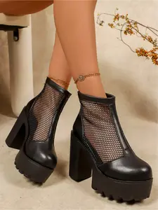 Women's Mesh Breathable Cutout Ankle Boots British Style Chunky Block Heel Platform Booties Fashion Trendy Elevator Boots for Casual Party