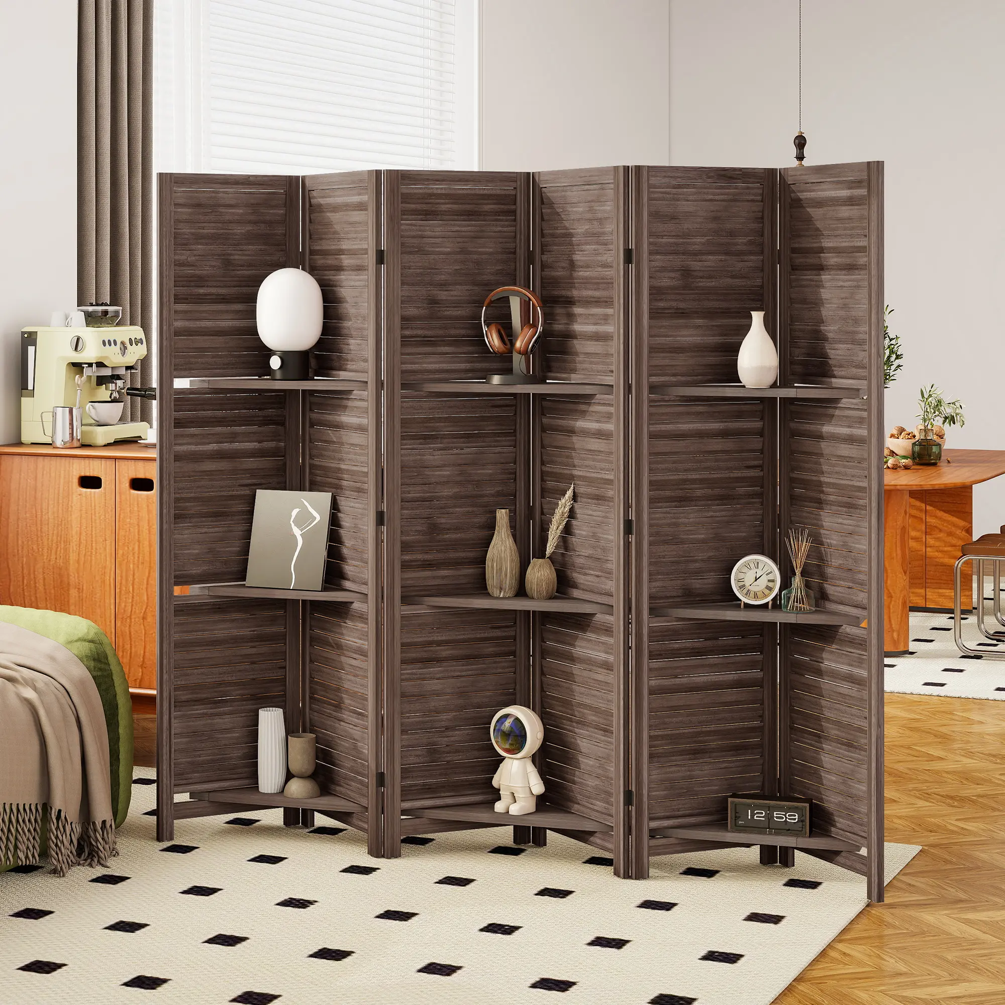 Walnut Wood Room Divider - 6-Panel 67in Tall Privacy Screen, 3 Removable Display Shelves, Louvered Slat Partition Wall, 15 Reinforced Steel Hinges, Elevated Moisture-Proof Ft, Foldable Storage for Bedroom, Living Room