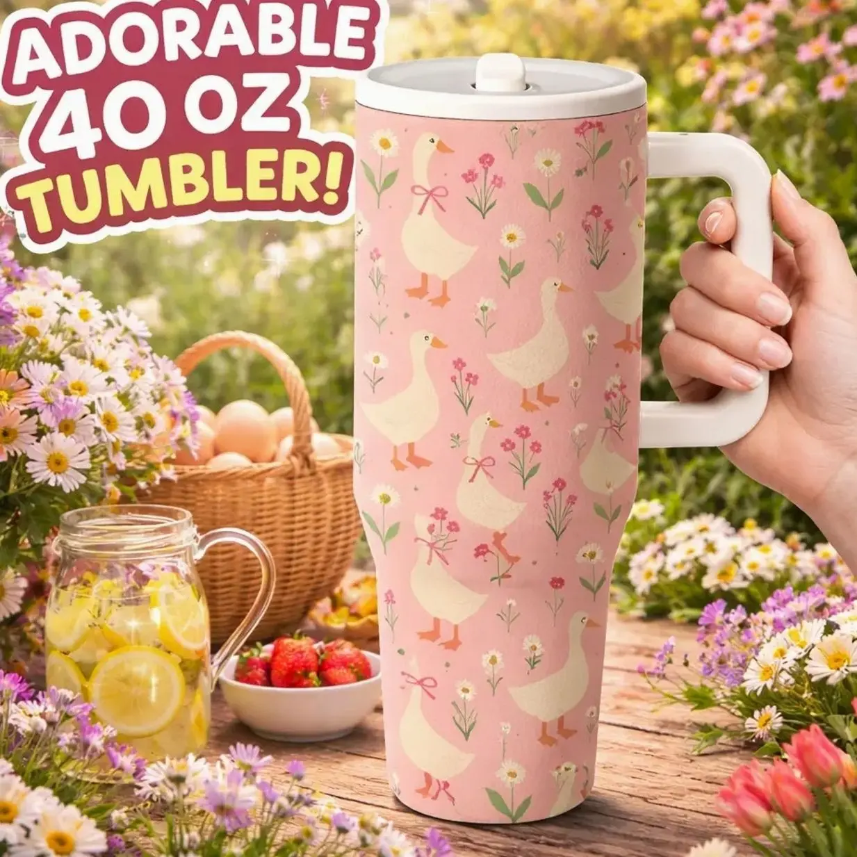 AuraCup 1 pc 40 oz Insulated Coffee Tumbler with Handle and Lid, Duck Floral Pattern Stainless Steel Quencher Travel Mug, Pastel Large-Capacity Vacuum Flask, Keeps Drinks Cold up to 12 Hours and Hot up to 6 Hours, Gift for Home, Office and Outdoor Use