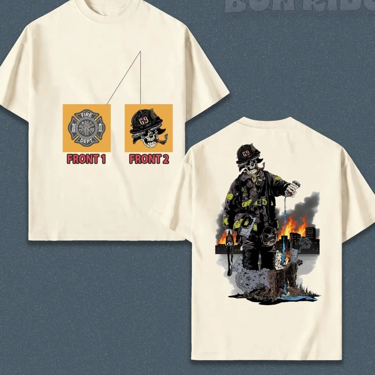 Men's Stylish Breathable Classic Short-Sleeve Cotton Round Neck T-Shirt - Unisex Streetwear, Grim Firefighter Skull Extinguishing Flames Prints, Dual-Sided Fire Dept 69 Helmet Logo, Vintage Oversized Statement Tee, Hero Gift B09
