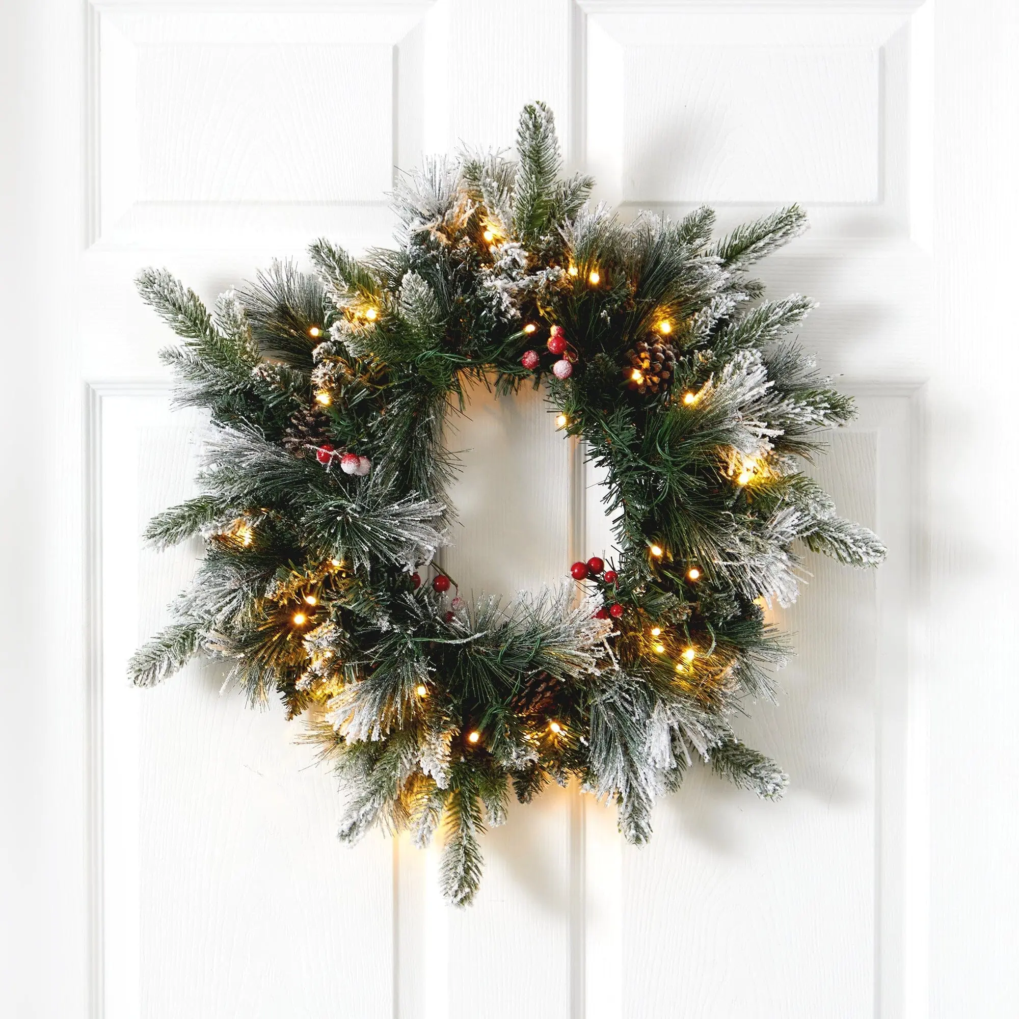 20-in Round Synthetic String Lights Wreath - Flocked Mixed Pine, 50 Pre-Strung LED Lights, Pine Cones, Berries, Realistic Foliage, Wall Hanging Ornament, Christmas Decorations for Curb Appeal & Garlands & Swags Pairing