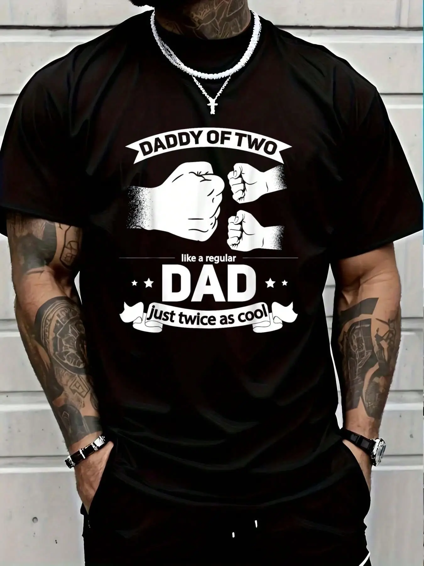 100% Cotton Graphic T-Shirt, Dad of Two Print, Cool Daddy Short Sleeve, Casual Top & Perfect Father's Day Gift