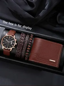 Rose Gold Leather Strap Quartz Analog Watch Set with Bracelet and Wallet, Business Casual Style, Multifunctional Timer, Perfect Gift for Men