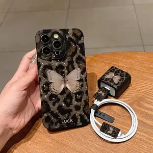 5-Piece Set with Leopard Butterfly Pattern Cases, Charger Protector Shell and Silicone Cable Ties for iPhone 11 to 15 Series