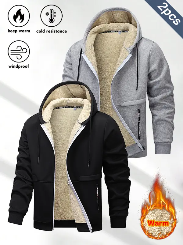 Men's Hoodies 2-Piece Sherpa Fleece Warm Windproof Jacket - Thick, Cold-Resistant, Full-Zip, Sherpa-Lined, Extra Hoodie Ready for Daily Outdoor Winter Sports