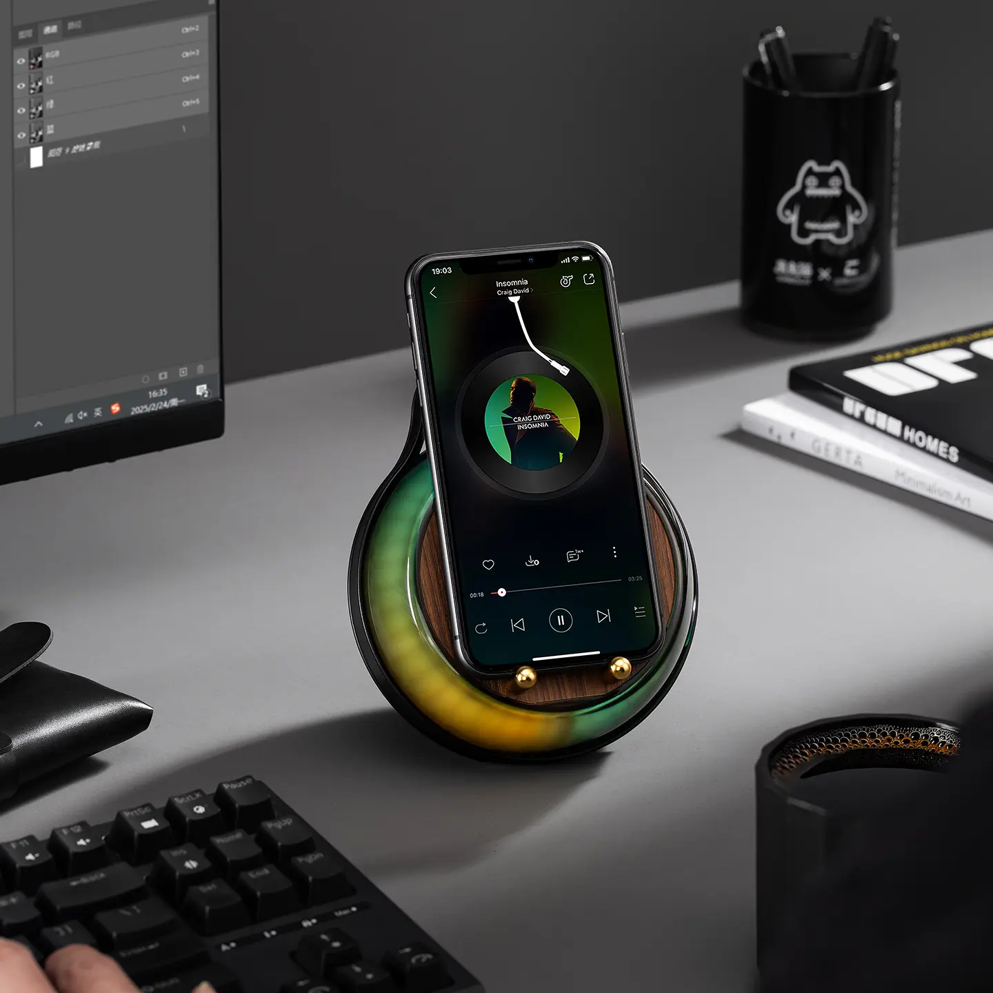 Induction Speaker with Phone Stand 4 in 1 Wireless Bluetooth Audio Black | LED Phone Speakers Amplifie for iPhone and Android Rechargeable Colorful Light Desktop Mount. Birthday Gift for Men Women and Teens