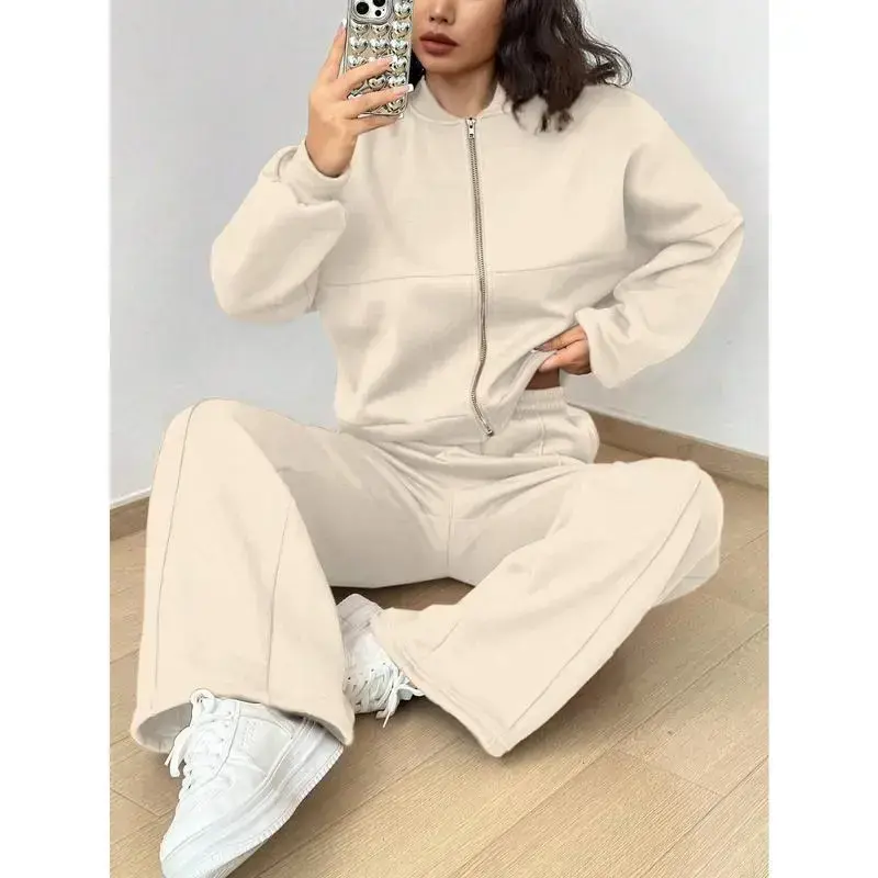 Matching Sets Women Casual Tracksuit Two Pieces Set Loose O Neck Long Sleeves Zipper Cardigan Drawstring Wide Leg Pants Jogger Matching Sets Women Casual Tracksuit Two Pieces Set Loose O Neck Long Sleeves Zipper Cardigan Drawstring Wide Leg Pants Jogger