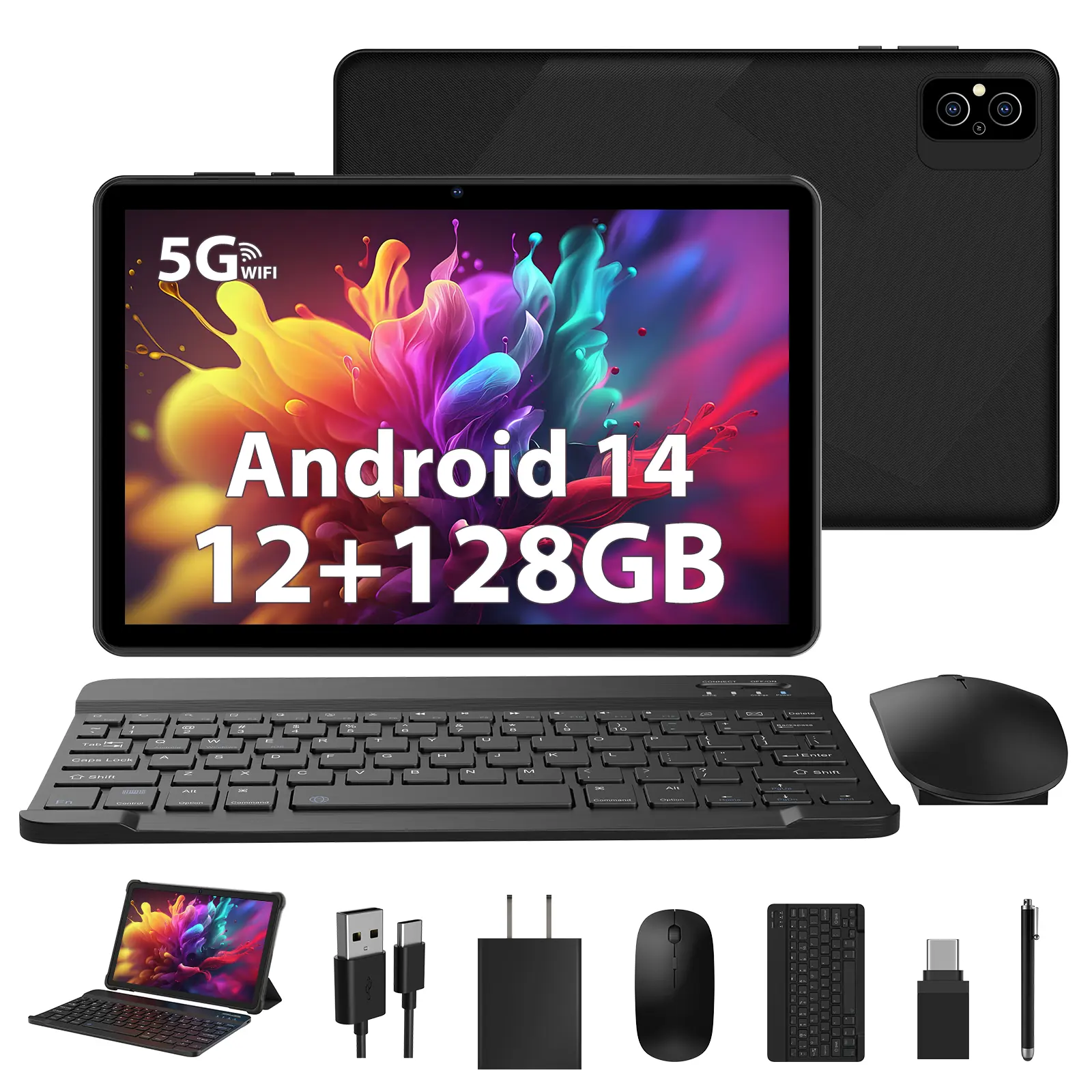 10.1-Inch Android 14 Tablet with Keyboard and Mouse, 12GB RAM (6GB+6GB Expansion), 128GB Storage, Quad-Core Processor, 1TB Expandable, 8000mAh Battery, WiFi, Dual Speakers, Stylus, Protective Case & USB Cable Included