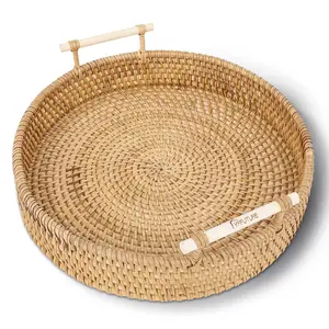 YFFuture Rattan Serving Tray – 11.5-inch Round Serving Tray with Handles – Handmade Round Rattan Tray – Decorative Tray for Coffee Table, Food Serving, Party – Round Wicker Tray for Home Decor