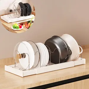 Expandable Pot and Pan Organizer Rack for Cabinet, 7 Adjustable Stainless Steel Dividers (Creates Up to 8 Storage Sections), Durable Rust Resistant Storage for Cookware Bakeware, Outdoorfun, Apartment RV, Adjustable 30.5-56 cm Shelves, 1 Pcs (White)