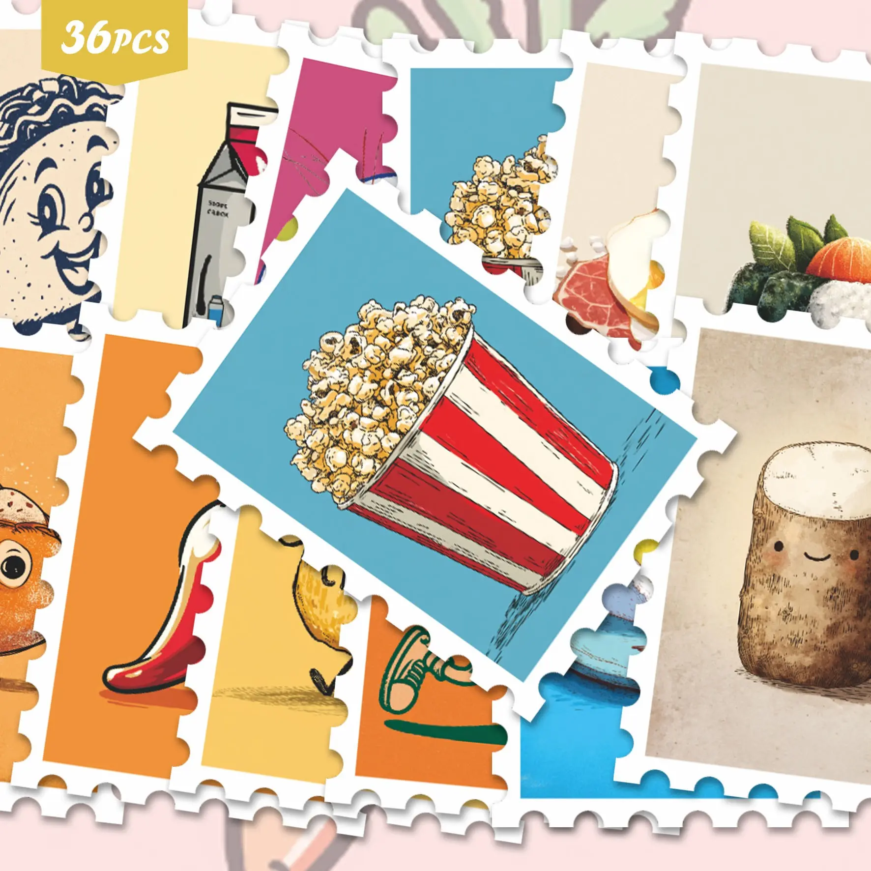 36pcs Cozy Food Healing Stickers Pack | Fresh Vinyl Decals with Cute Anthropomorphic Sushi & Toast Graphics | for Phone, Water Bottle & Gift | for Style Fans & Calm Vibe Enthusiasts