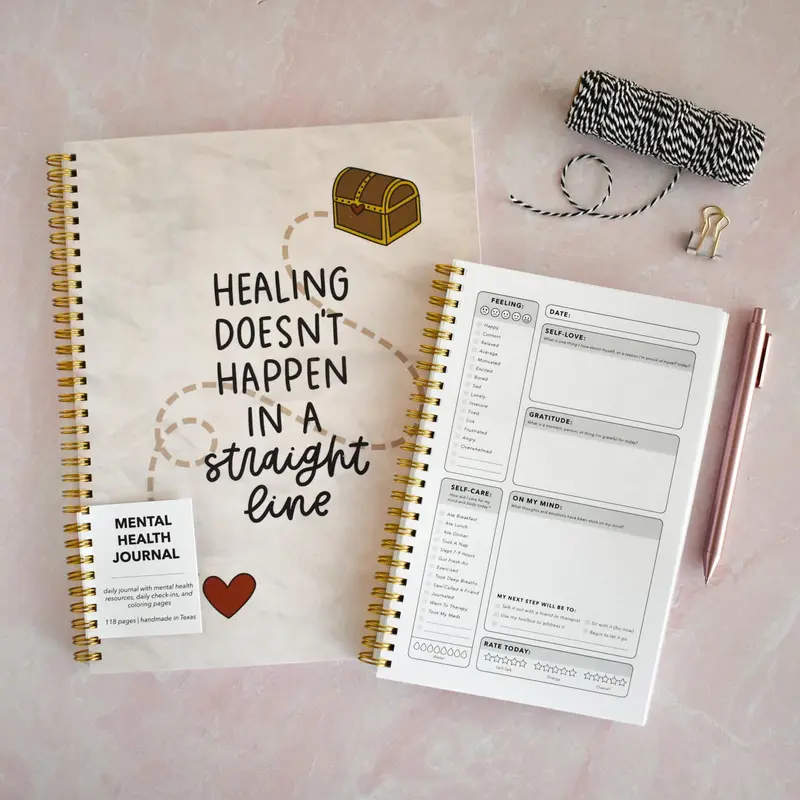 Healing / Straight Line Mental Health Journal - Daily Self Care Journal with Check-Ins, Resources, and Coloring