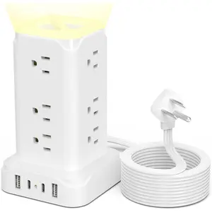USB C Power Strip Tower with Night Light, 6 Feet Surge Protector, 4 USB Ports, Extension Cord with Multiple Outlets, White outlet plugs outlet multi plugs outlet extender
