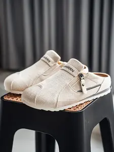 Men's Breathable Linen Slip-On Mules, Casual Backless Loafers with Side Zipper, Lightweight Non-Slip Rubber Slippers for All Seasons