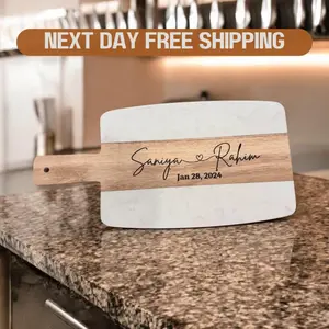 Customized Marble and Wood Charcuterie Cheese Serving Board - Perfect for Bridal Showers, Weddings, Birthdays, and Expressing Gratitude. Kitchen Knives Set Engraved Wooden