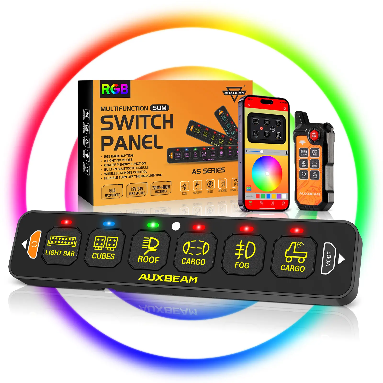 AUXBEAM AS-600 Slim 6 Gang Switch Panel for Cars - RGB Mood Lighting, 3-Mode Backlit, Magnetic Remote Clings to Metal, Group 2+ Lights, Car Aux Bluetooth, IP65 Rated, Batteries, Multifunctional Accessory, Includes Labels (60pcs)