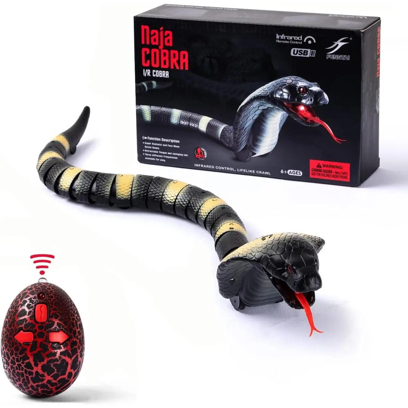 Remote Control Snake Toy - Realistic Prank Cobra Model, Rechargeable Built-In Batteries, Smart Sensing, Infrared Controller for Dogs/Cats Play (Black)