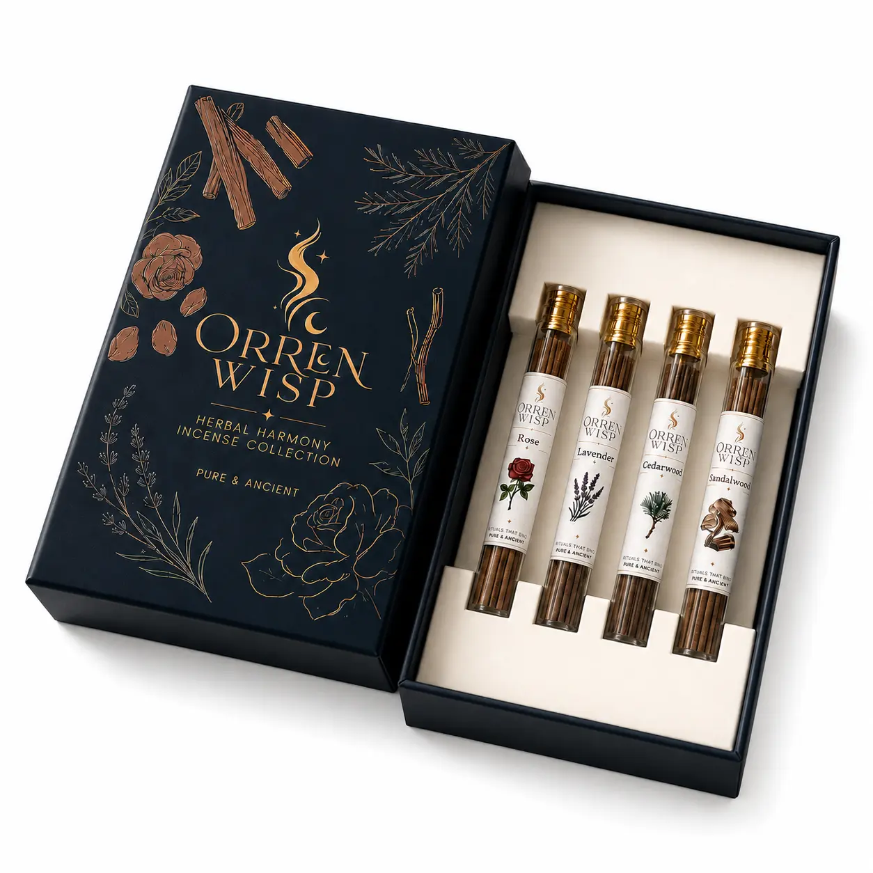 All-in-1 Incense Gift Set - 4 Tubes (5g Each) with Built-In Incense Holder Lids, 10.5cm Short Sticks (Cedarwood, Lavender, Rose, Sandalwood), Compact Home Fragrance Decor, Meditation Gift (Optional Round Base or Gold Leaf Tray)