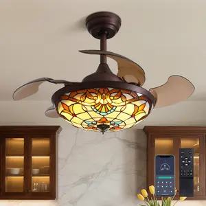 36" Tiffany Ceiling Fan with Lights, Stained Glass Chandelier Vintage Ceiling Fan with Remote/Bluetooth Control Dimmable Fandelier with 4 Retractable Reverse Blades for Bedroom, Living,Hotel and Dining Room invisible timer setting
