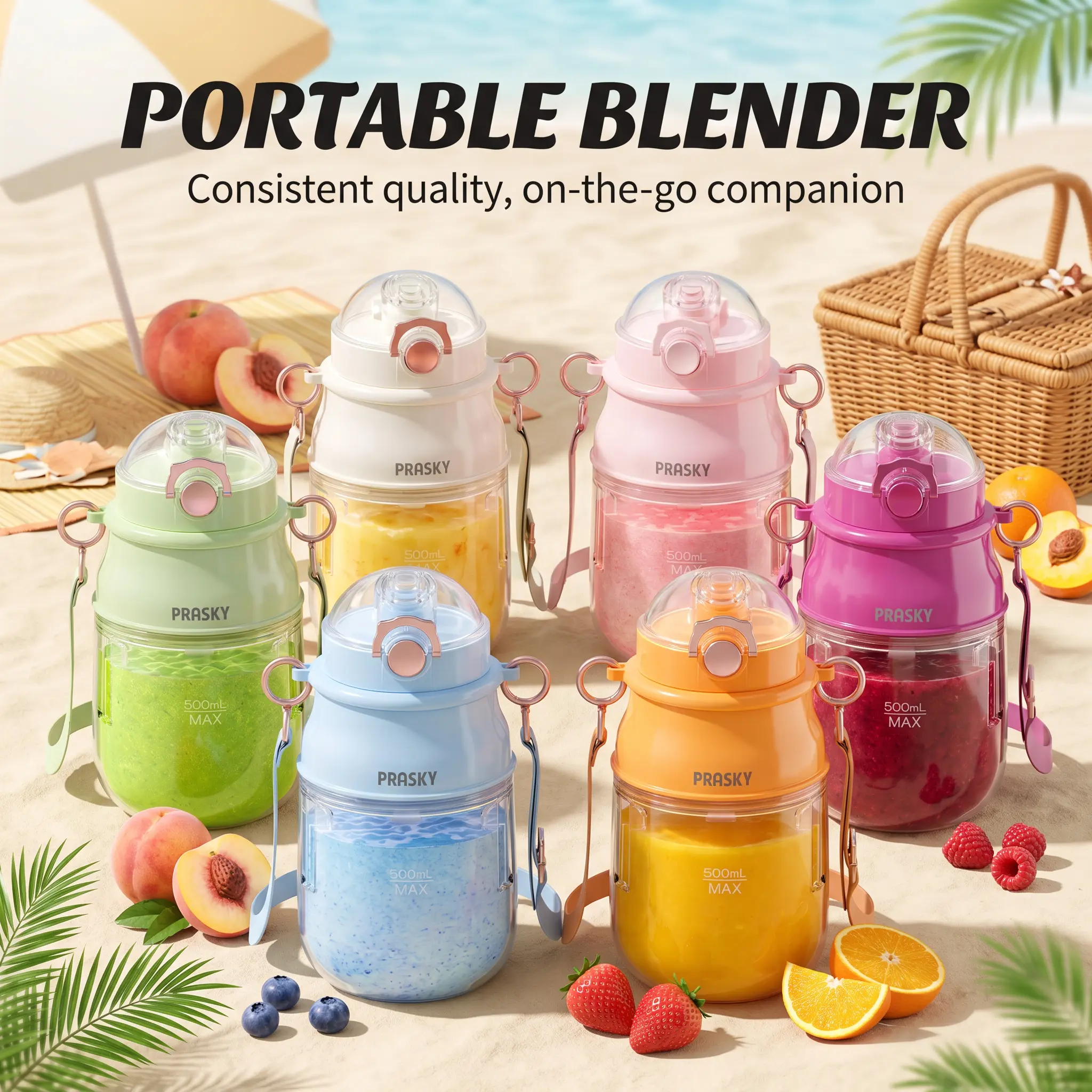 PRASKY Portable Juicer Blender (Shake Machine), 27oz Cool Gadgets Personal Blender, 70W Compact USB Type-C Rechargeable, BPA-Free, with Lid, Shoulder Strap, Safety Lock, Dishwasher-Safe Parts, Ideal for Gym, Travel