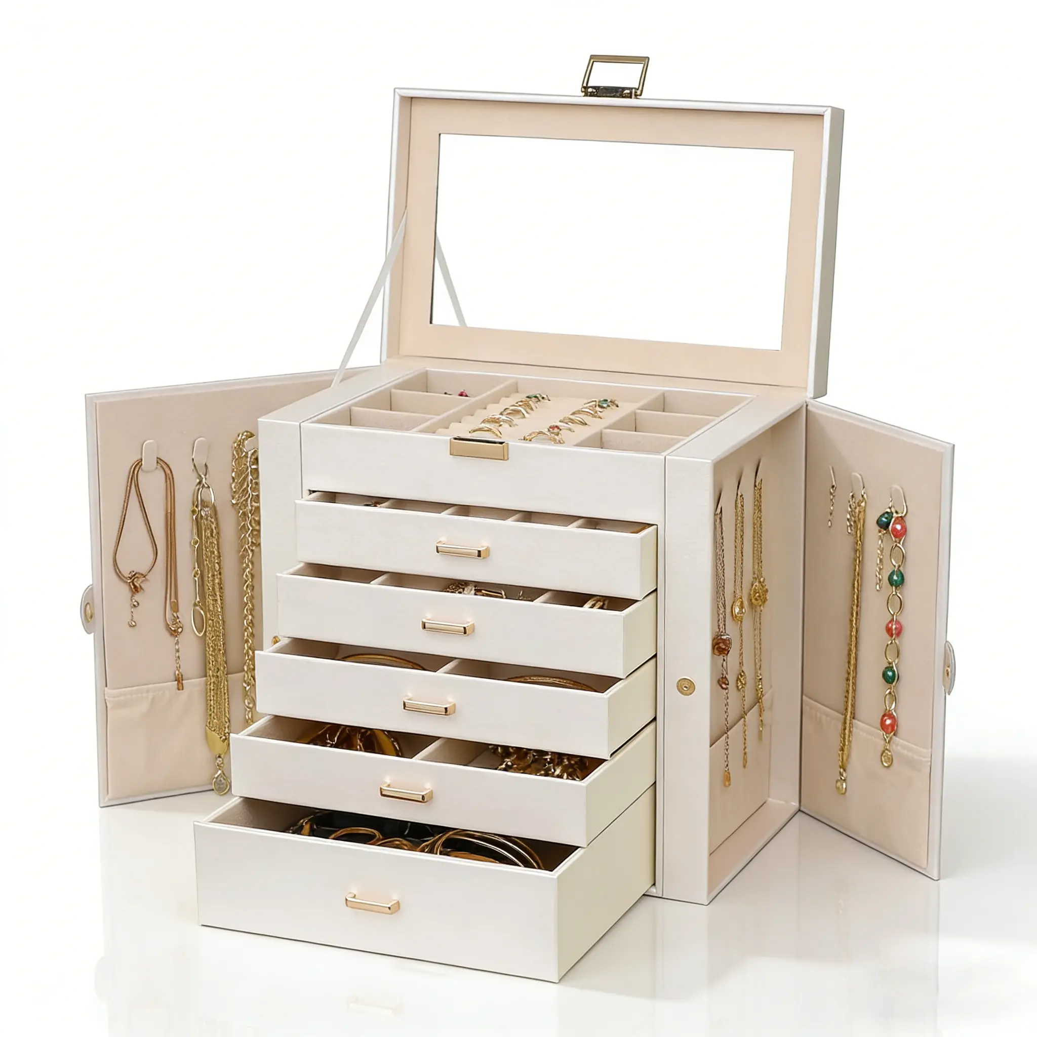 BOOVO Modern 6-Layer Multifunctional Jewelry Organizer Storage Box - Large Capacity Bedroom Case with Glass Lid, Built-In Mirror, Dustproof PU Leather, Anti-Tarnish Velvet Lining for Jewelry for Women, Necklaces, Rings, Earrings,dorm essentials,home decor