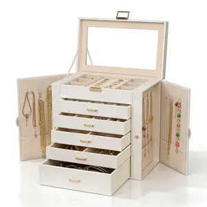 BOOVO 6-Layer Large Jewelry Storage Organizer With Mirror – PU Leather Double Door Case, Rose Gold Multifunctional Jewelry Organizer，Anti-Tarnish Velvet Lining, Big Storage for Necklace Rings Bracelets, Gift for Women