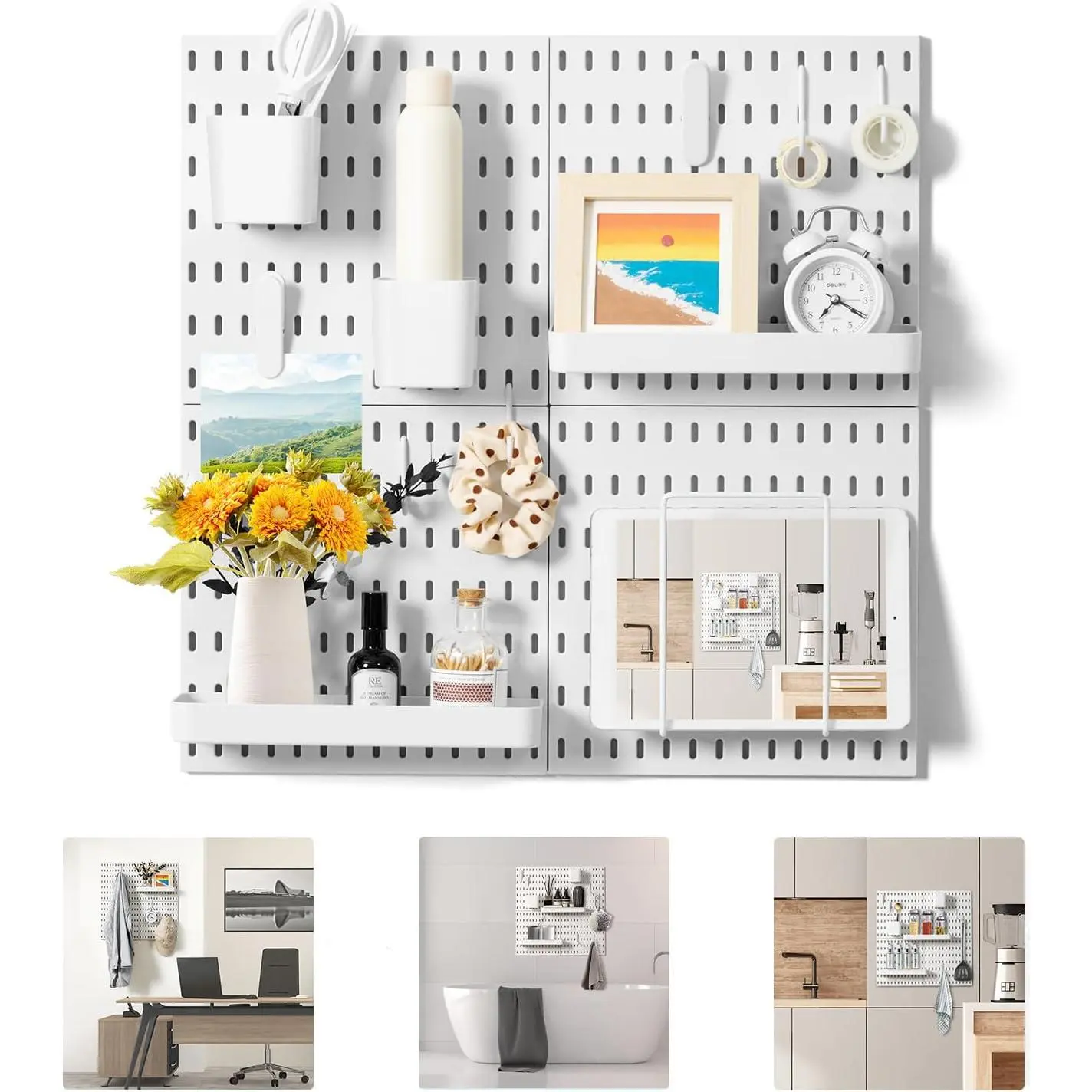 Pegboard Combination Wall Organizer Kit, 4 Pieces Pegboards and 17 Accessories Modular Hanging, Wall Mount Display Peg board Panel Kits for Bedroom, Home, Office, Bathroom, 22" x 22", White shoe rack pantry organization