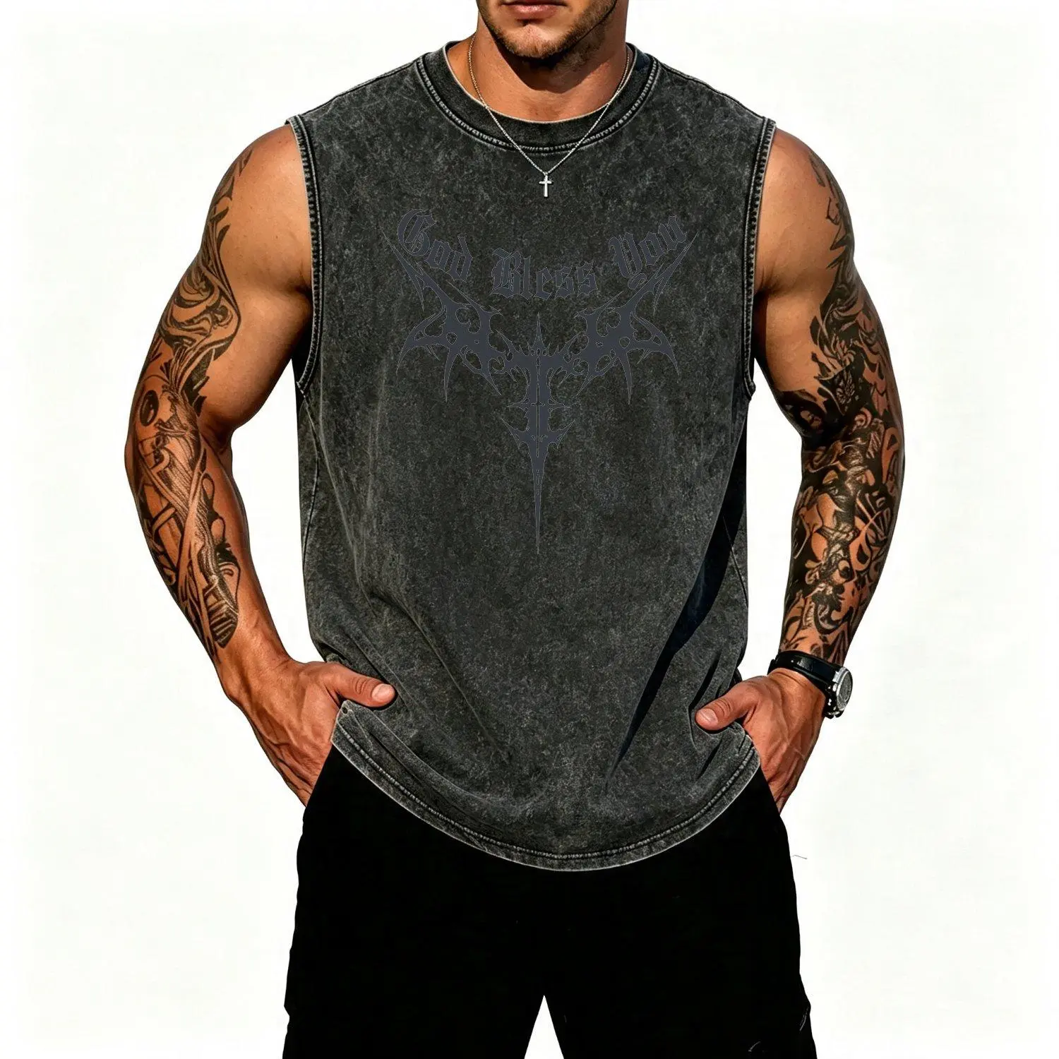 Menswear Black Gothic "God Bless You" Graphic Sleeveless Vest - Punk Metal Style, Casual Streetwear Muscle Vest