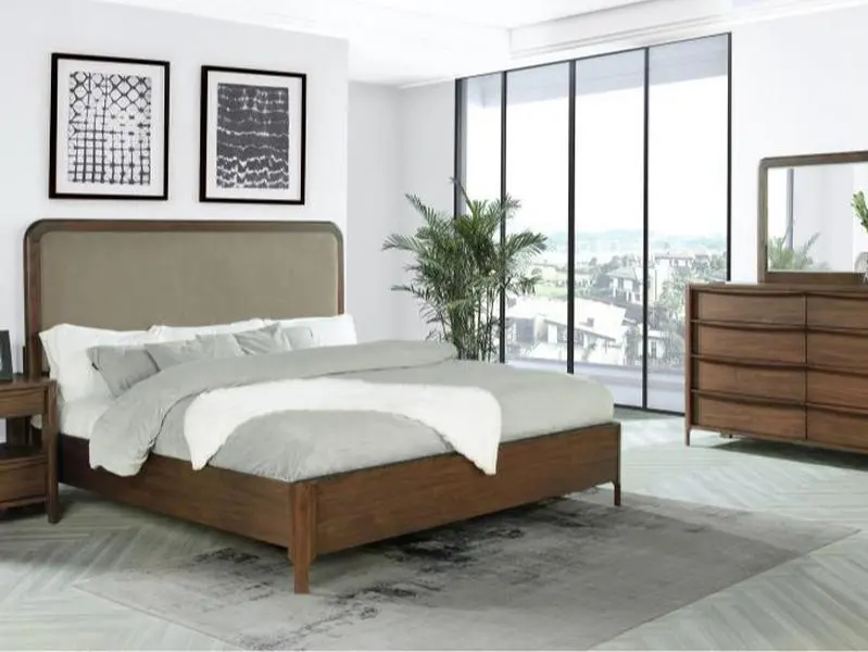 COASTER 4-Piece Bedroom Furniture Set, Maderia Walnut Finish Wood Queen Headboard with Taupe Upholstery, Dresser, Nightstand - Indoor Model 223321Q-S4