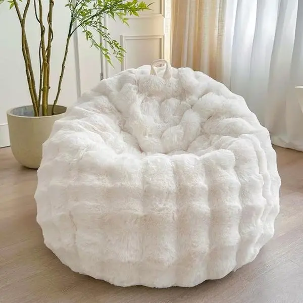 Faux Rabbit Fur Bubble Weave Bean Bag Chair Cover-Only - Soft Luxury Room Accessory, Chill & Gaming Room Accessory, Comfy Shaggy Stuffed Animal Home Organizer