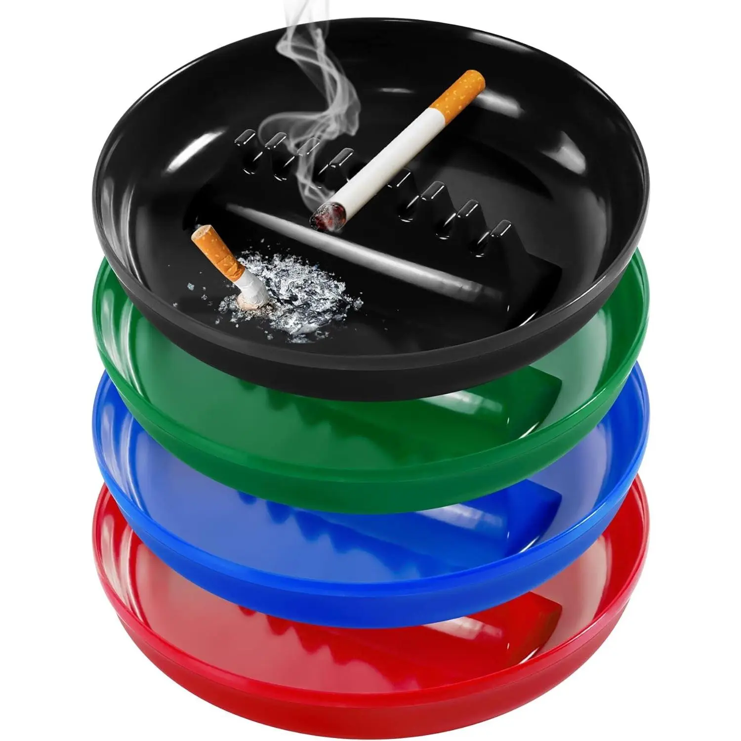 Large Tabletop Plastic Hand Ashtrays for Cigarettes & Cigars - Mixed Colors (Black, Blue, Green, Red) 4-Pack for Home, Patio Decor & Use in Office, Bar