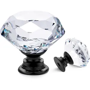 5 Pack Crystal Drawer Knobs - Glass Cabinet Knobs, Diamond Shaped, 30 mm with Black Base