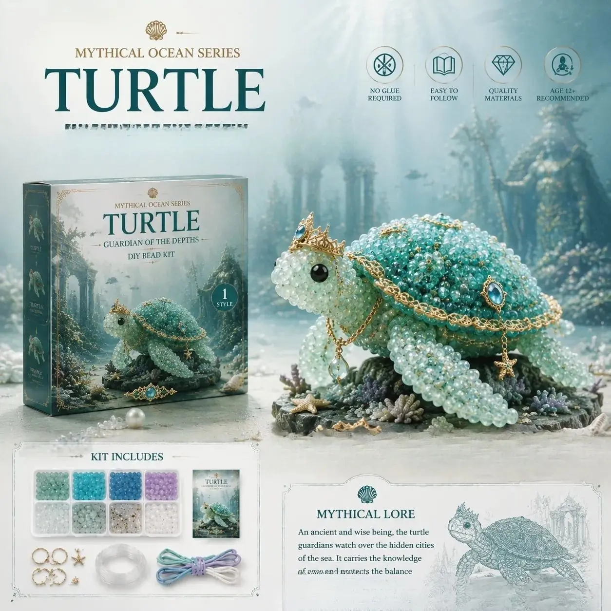Mythical Ocean Turtle DIY Bead Craft Kit, No Glue Required 3D Crystal Beaded Turtle Making Set with Complete Supplies & Step-by-Step Guide, Beginner Friendly Ocean Themed Handmade Ornament Kit, Creative Craft Gift for Teens & Adults Age 12+