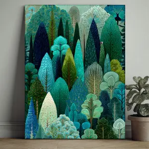 1-piece, framed, 30.48x 40.64cm [2D Flat] Fun Artistic Comic-Style Peacock Forest Art Print or Canvas Painting, Emerald Green and Teal Nature Art Poster, Soft Green-Toned Bird Pattern, Fantasy Branches and Leaves Plant Print, 2D Flat