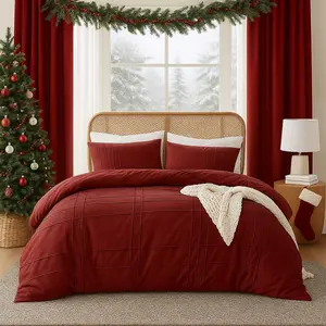 3Pcs Comforter set Pinch Pleat Comforter for All Seasons Stylish Grid Pattern Bedding Set, Lightweight Solid Bed Comforter Sets, Red, King
